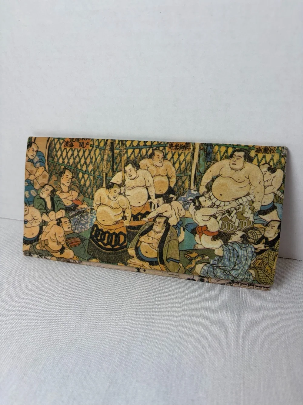 Handmade Japanese Sumo Wrestler Ukiyo-e Checkbook Cover Wallet Fabric Art